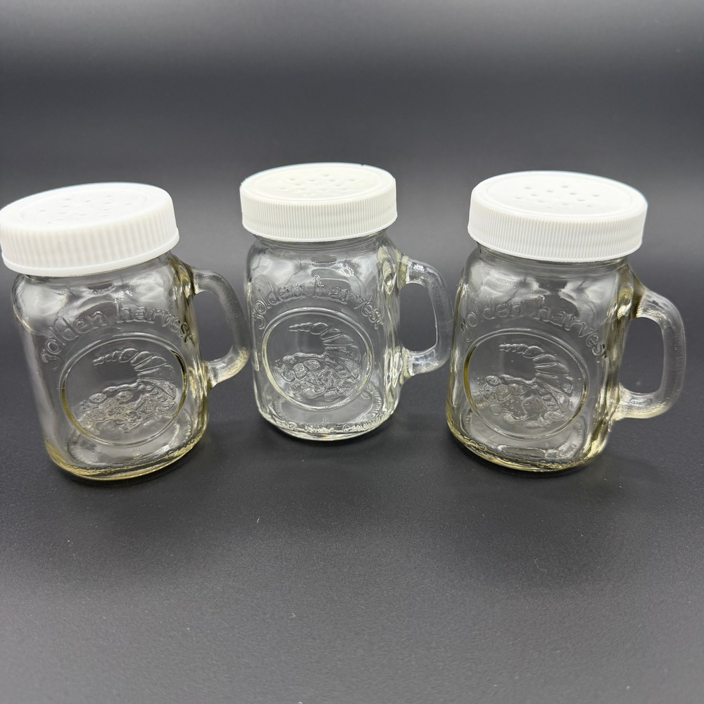 3 Vintage Golden Harvest Mini Mason Jar Shakers Glass Cornucopia Amber Clear